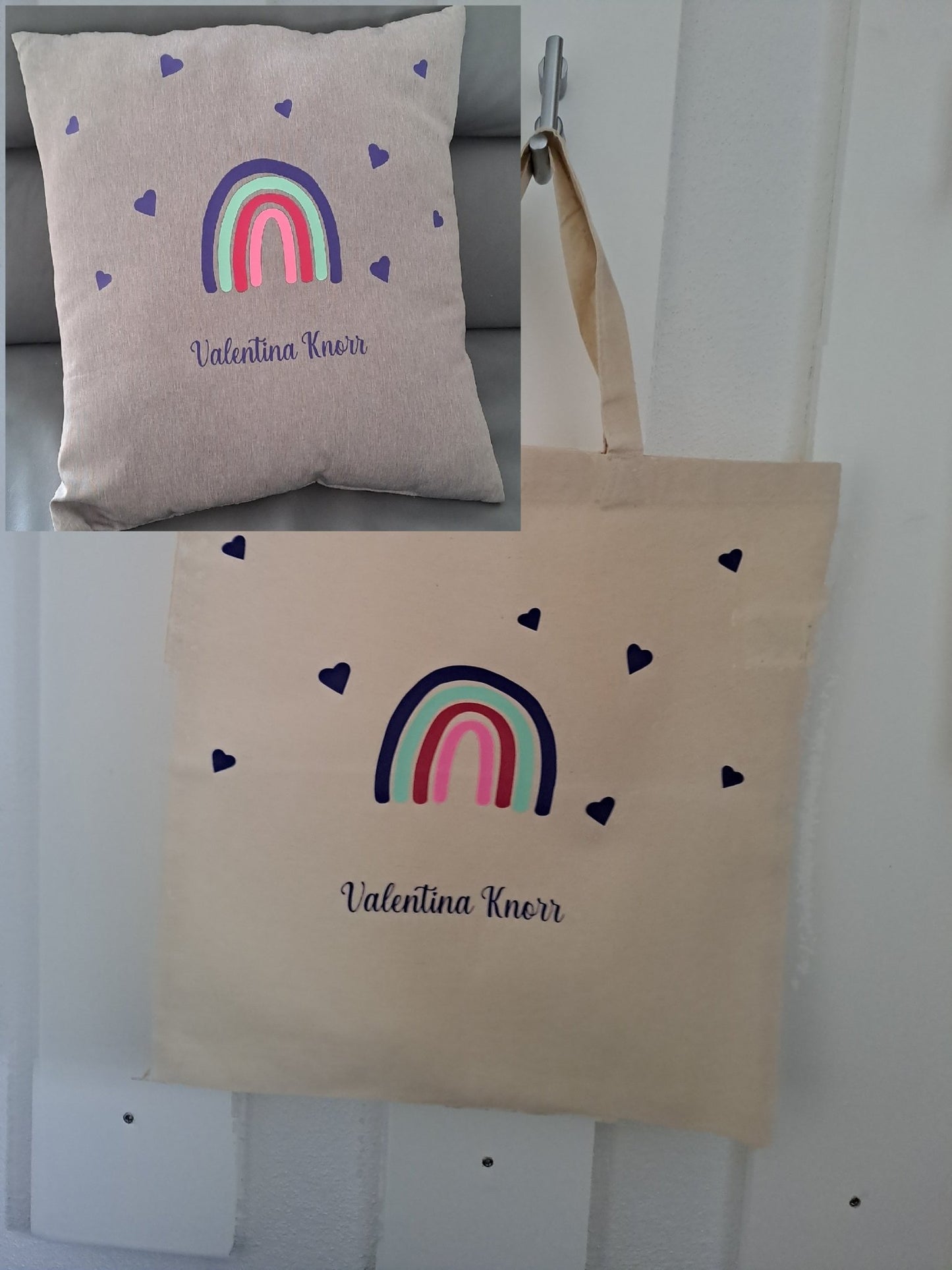 Set Kissen und Baumwolltasche für Kindergarten mit Wunschname - Katinkas Kreativwerkstatt