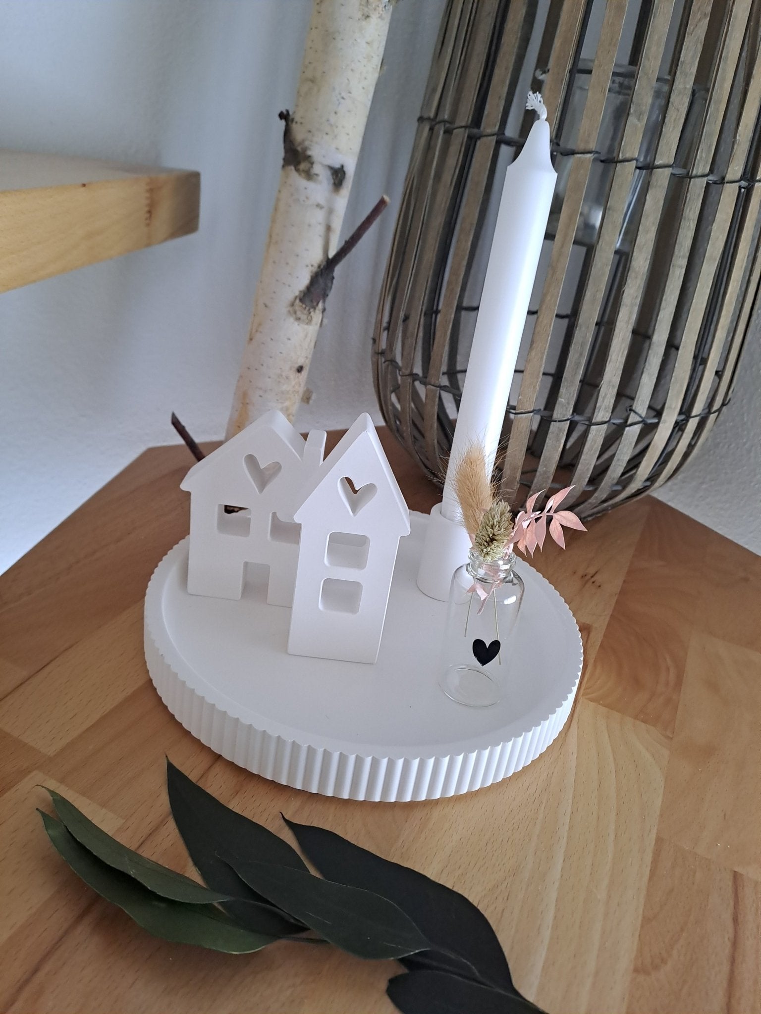 Teller mit Spruchkerze, Lichthäuschen und Vase - Keramik - Katinkas Kreativwerkstatt